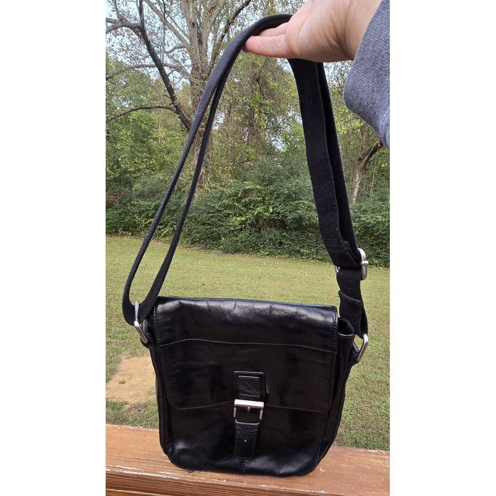 Fossil Black Leather Crossbody Messenger Bag Small Canvas Strap Preppy City